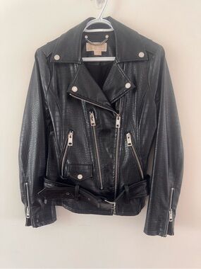 Michael Kors Black Croc-Embossed Leather Motto Jacket
